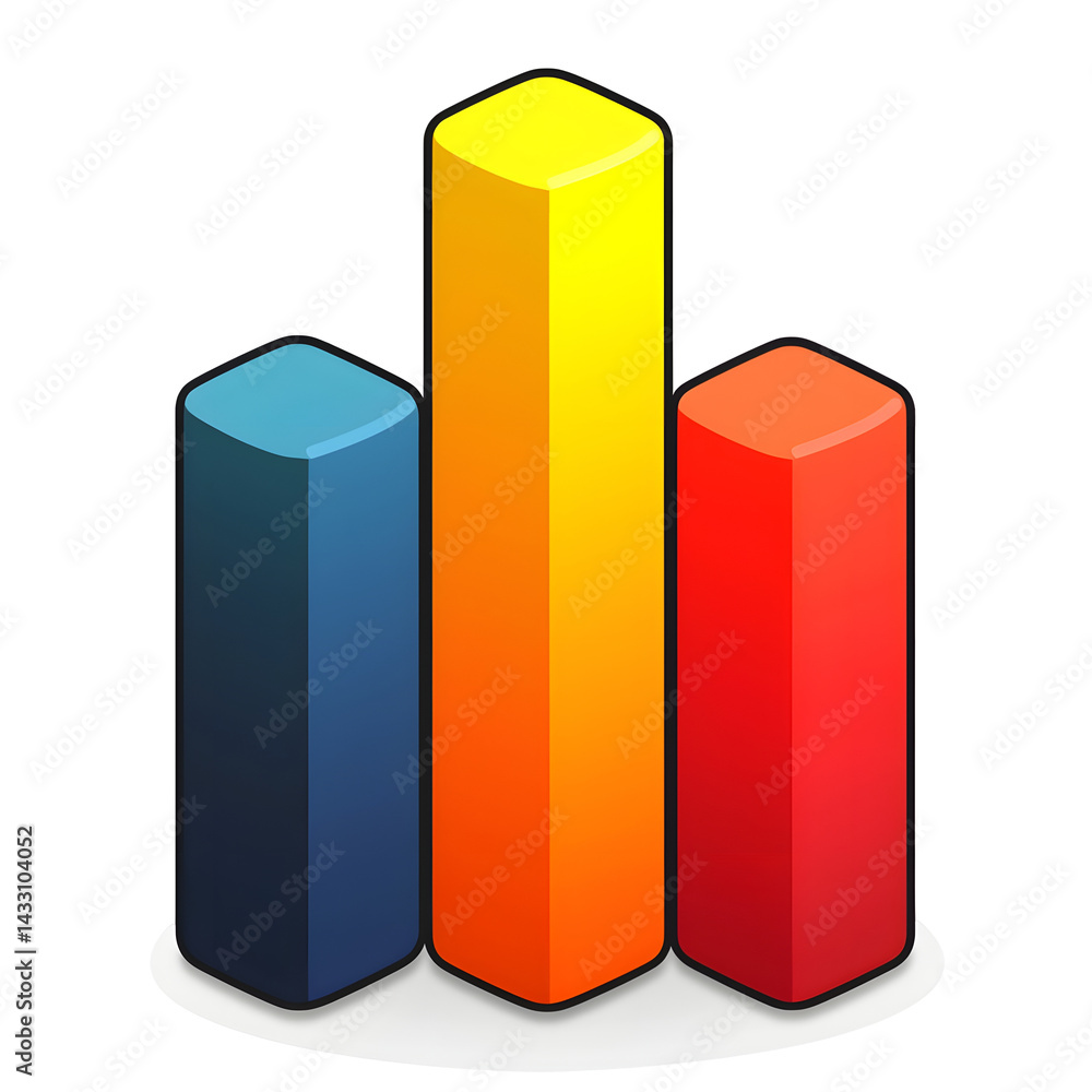 Poster a modern minimalist bar graph made up of three colored bars in blue orange and red arranged horizont