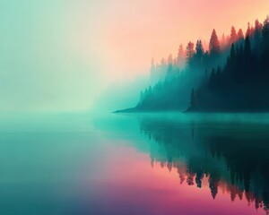 Ethereal Mindfulness Landscape Gradient Forest Lake Reflection - Wellness Tranquility and Digital Meditation Visual for Mental Health Content Creation