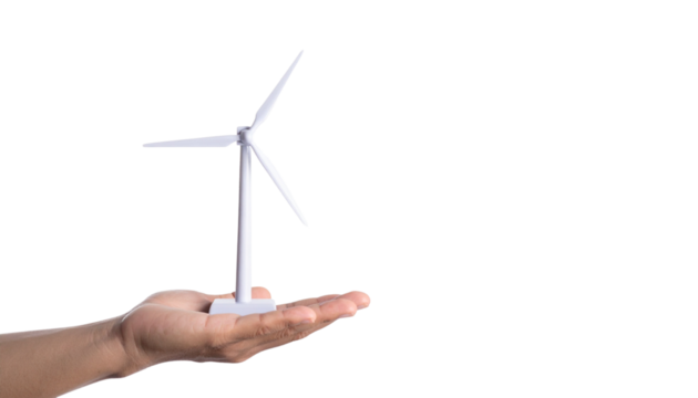 A Hand holding a miniature wind turbine model for sustainable energy solutions concept design idea isolated on solid white background Png format 