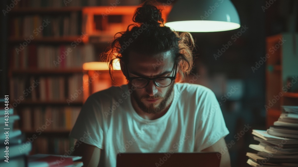 Poster immersive content creation moody creative professional in deep focus - digital workspace productivit