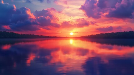 Serene Sunset: Vibrant Lake Reflection in Romantic Hues