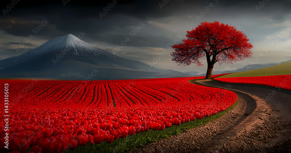 Poster vibrant red tulip fields and a lone tree at the foot of a mountain generative ai