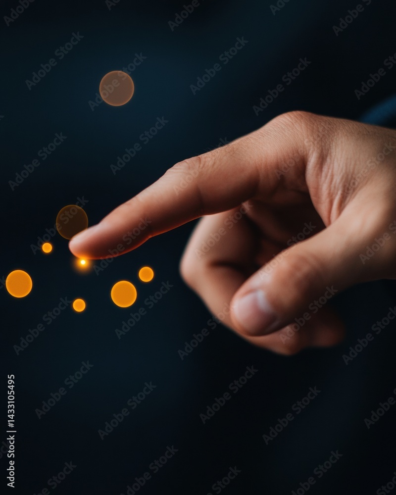 Poster Futuristic Digital Interaction Minimalist Hand Touching Glowing Network Nodes - Immersive AI-Driven User Experience in Next-Generation Interface Design