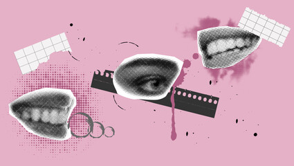 Halftone collage talking mouths and crying eye,memories concept,splash ink,grunge background,torn out papers