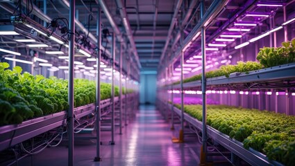 Naklejka premium Aisle between rows of plants in a greenhouse.