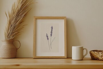 still life with a vase and flowers,Simple wooden frame on a shelf with a lavender flower print inside, accompanied by a coffee mug and a wheat straw basket against a beige wall background. 