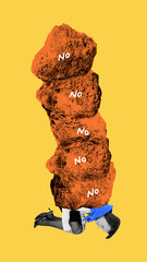 Conceptual artwork. Young woman kneels, overwhelmed by huge stack of orange stones with repeated No symbolizing weight of repeated rejections. Concept of economic crisis, depression, jobloss, hardship