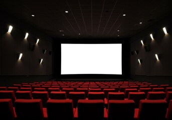 Cinema hall interior with red seats and a large blank screen ready for a movie presentation event