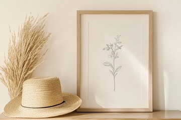 straw hat on the window sill,Simple wooden frame on a shelf with a lavender flower print inside, accompanied by a coffee mug and a wheat straw basket against a beige wall background. 