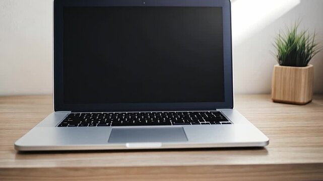 Sleek laptop on wooden desk in modern minimalist workspace, featuring blank screen and natural light, creates calm atmosphere for productivity and creativity.