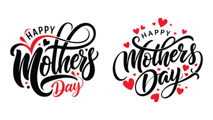 Happy Mother's Day typography and calligraphy  black silhouette with red tiny hearts on clean white background. graphics resource for t-shirt design