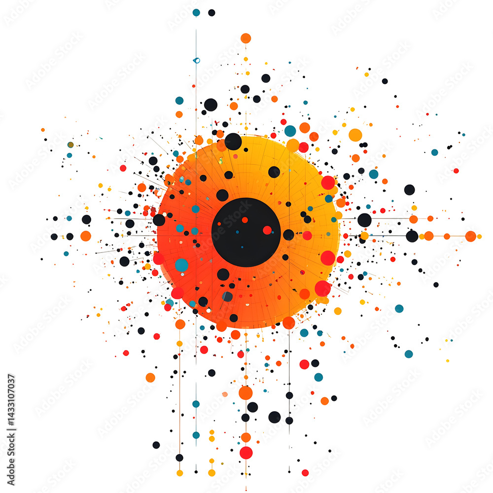 Poster an abstract scatter plot design featuring a dynamic distribution of colorful dots across a minimalis