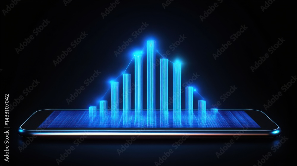 Poster futuristic smartphone with glowing data visualization on screen
