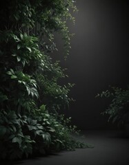 Lush dark green foliage & vines, mysterious shadows  Black backdrop , mystery, backdrop