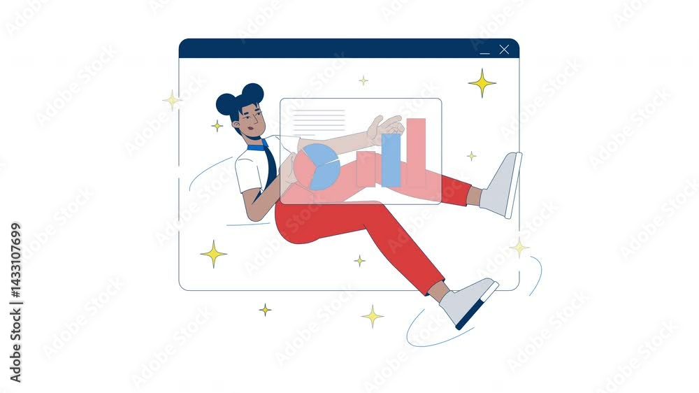 Poster interactive data analysis in virtual workspace 2d animation. black female professional monitoring ch