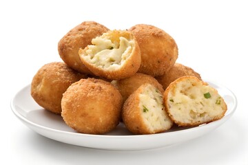 half open Portuguese Bolinhos de Bacalhau, crispy codfish fritters served on a white plate