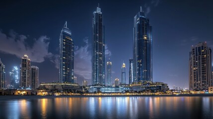 Obraz premium Dubai skyscrapers at night, waterfront reflection, city skyline, urban development, real estate