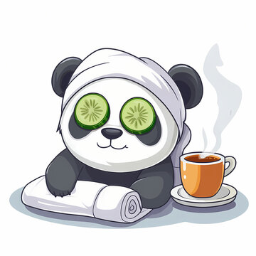 Cute panda relaxing with cucumber slices and a warm cup of tea Generative AI