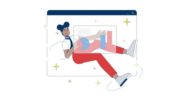 Interactive data analysis in virtual workspace 2D animation. Black female professional monitoring chart in browser window animated character cartoon flat concept metaphor 4K video isolated on white