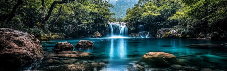 Fototapeta premium Serene Waterfall Cascading Over Rocks into a Turquoise River