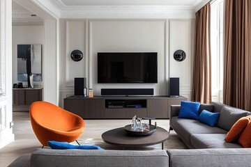 living room interior ,Modern home entertainment system setup in a minimalist living room, featuring a soundbar and wall-mounted TV.