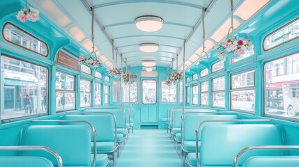 Obraz premium Pastel-blue city tram interior, empty seats, street view