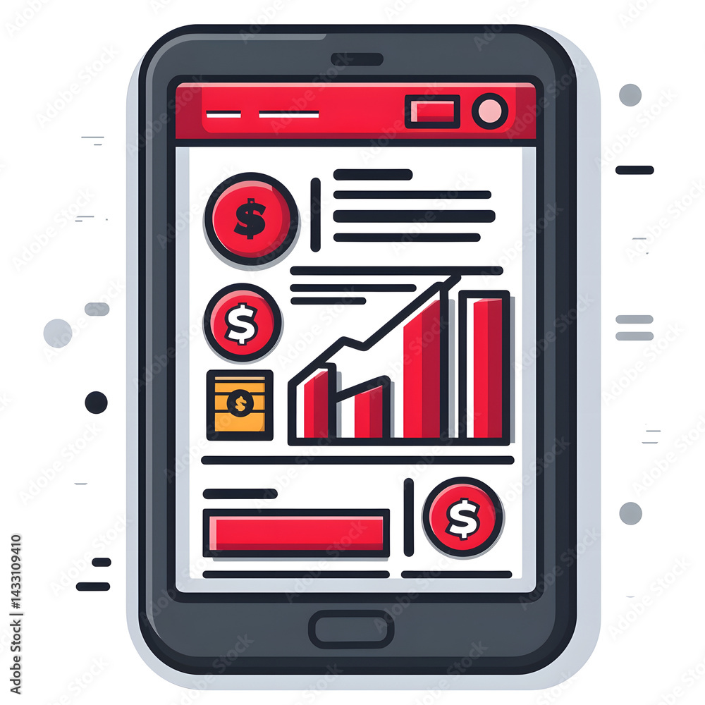 Poster a smartphone screen displaying a minimalist digital dashboard with financial charts graphs and monet