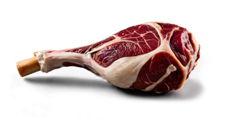 Raw lamb leg with bone isolated on transparent background for butcher shop, meat packaging, food product design, or culinary preparation use
