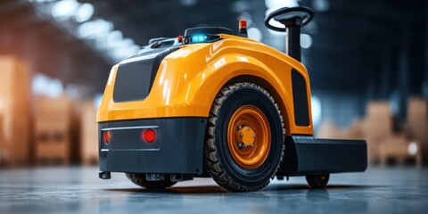 Fototapeta premium AGV Transportation Concept. Compact Electric Tow Tractor for Efficient Warehouse Operations and Material Handling Solutions