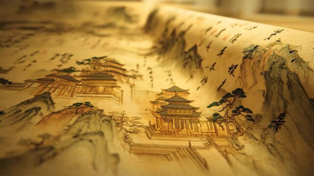 Traditional Chinese ink scroll reveals ancient architecture nestled in misty mountains, blending historical artistry with Asian landscape painting