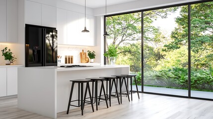 Modern White Kitchen with Black Accents and Garden View