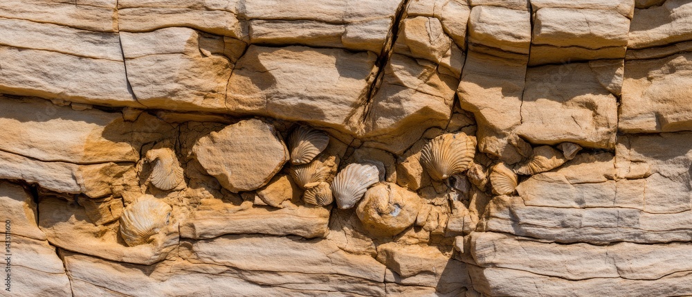 Poster geology fossil strata concept. fossilized shells embedded in layered rock formation create a natural