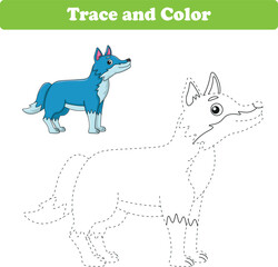 Handwriting Practice. Tracing lines and coloring wolf for children. Vector Illustration