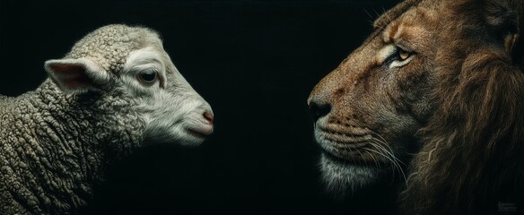 A lamb and a lion face each other, their profiles sharply defined against a dark background;  the contrast in their textures and expressions is striking.