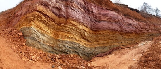 geology fossil strata concept. Stratified rock formation showcasing various layers and colors in a natural setting.
