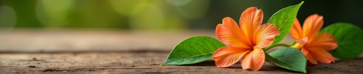 Fototapeta premium Bakuchiol flower with leaves on wooden table, skincare ingredient display, skincare, leaves