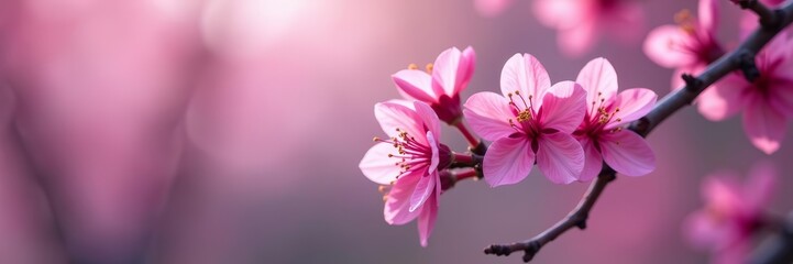 Obraz premium Banner image featuring beautiful pink and purple spring flowers blooming on plum tree branches, blooming, banner