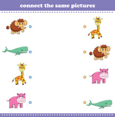 Obraz premium Education game for children connect the same picture of cute cartoon wild animal printable. Vector Illustration