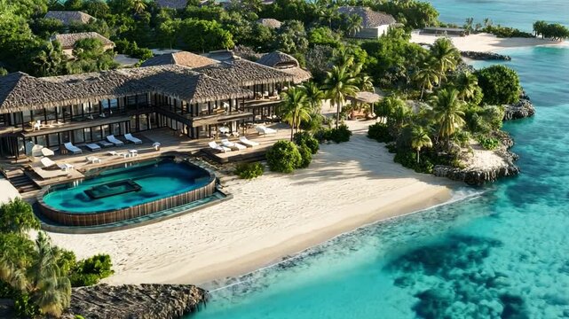 Luxurious beachfront villa with stunning pool, surrounded by palm trees and clear water, creating serene tropical paradise for ultimate relaxation and escape.