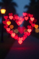 Beautiful heart pattern created by bokeh lights outdoor, heart shape, festive