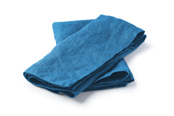 Blue natural linen napkin cloth folded isolated on white background