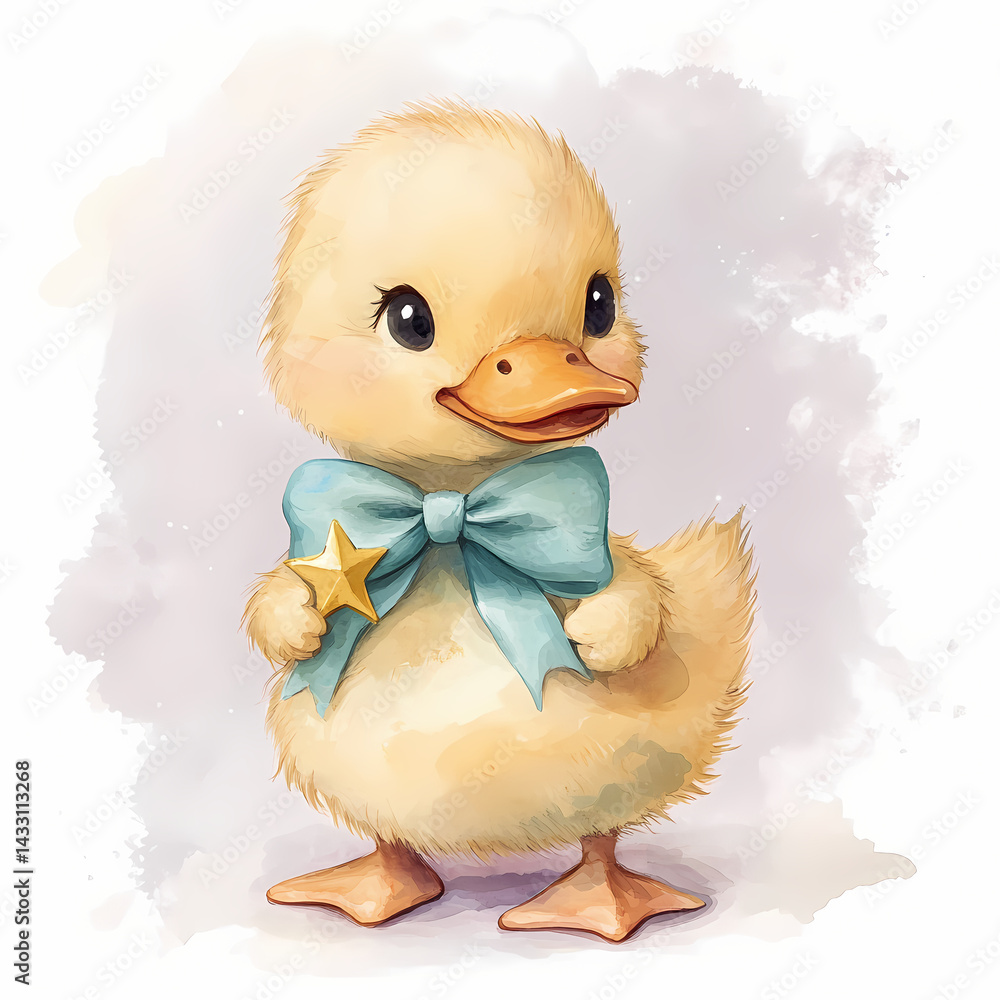 Poster cute duckling with a bow and a star in a whimsical design generative ai