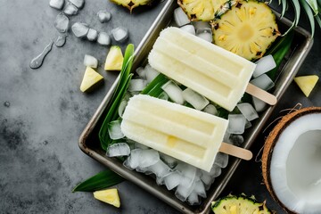 Refreshing coconut and pineapple popsicles on ice with fresh slices for a tropical summer treat
