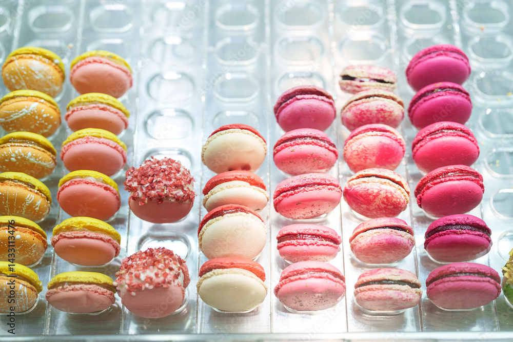 Poster colorful macarons arranged neatly in a display, showcasing a variety of flavors and textures, perfec