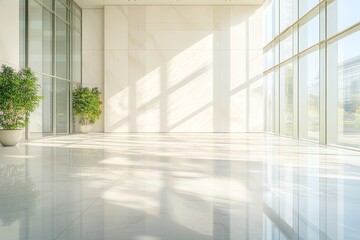 Fototapeta premium Empty, sunlit modern interior space with large windows.