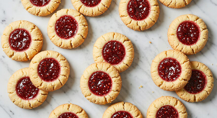 Raspberry thumbprint cookies with glossy jam centers on white marble countertop in overhead view