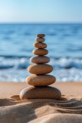 Stack of smooth beach pebbles balancing on sandy shore by ocean waves