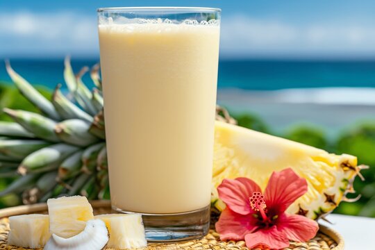 Refreshing tropical pineapple smoothie with coconut and hibiscus by the ocean