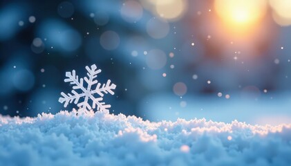 Naklejka premium Single snowflake falls slowly on snowy landscape, sparkle, isolated,