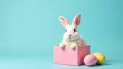 A cute Easter bunny sits in a cardboard box with colorful Easter eggs nearby